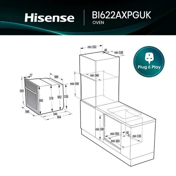 Hisense BI622AXPGUK 59.5cm Built In Electric Single Oven - Black & Stainless Steel_dimensions