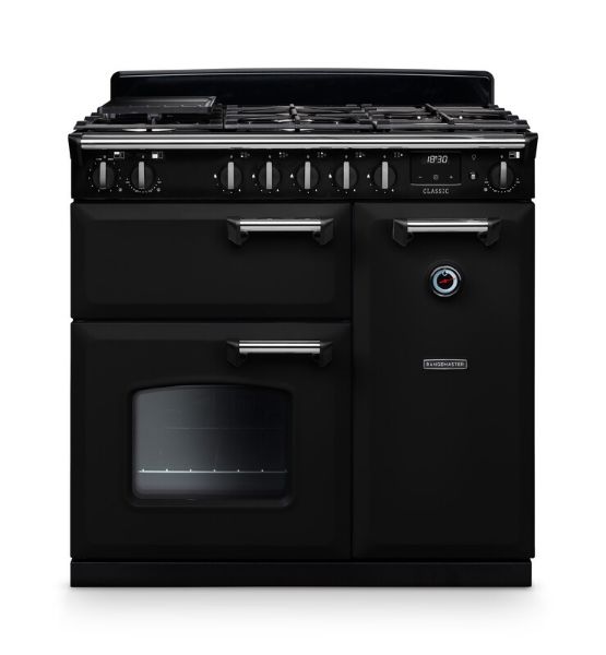 Rangemaster 14150 Classic 90 Dual Fuel Range Cooker in  Gloss Black with  Chrome Trim   - CL90DFPGBL/CM1