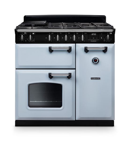 Rangemaster 14153 Classic 90 Dual Fuel Range Cooker in Misty Blue with Chrome Trim - CL90DFPMSB/CM1