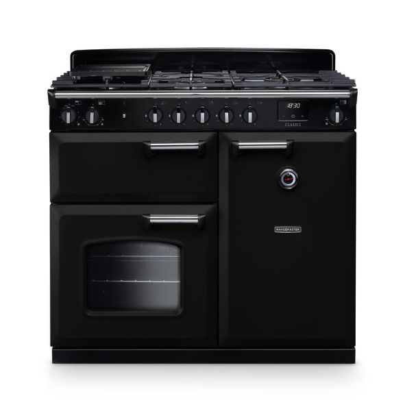 Rangemaster 14190 Classic 100 Dual Fuel Range Cooker in Gloss Black with Chrome Trim - CL100DFPGBL/CM1
