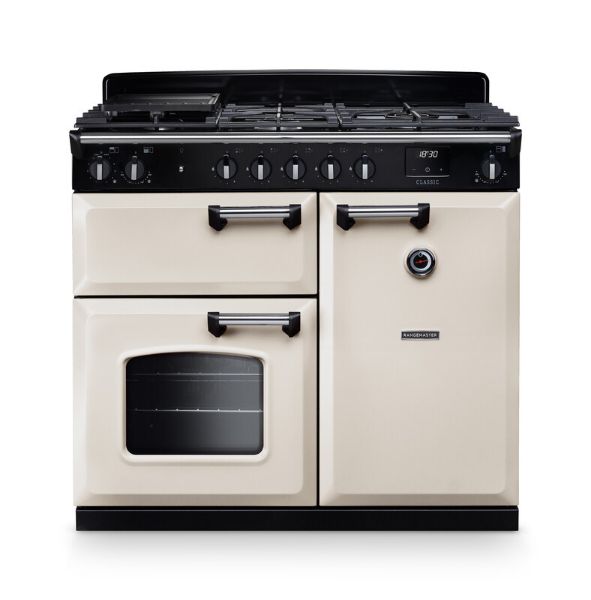 Rangemaster 14191 Classic 100 Dual Fuel Range Cooker in Pale Cream with Chrome Trim - CL100DFPPCR/CM1