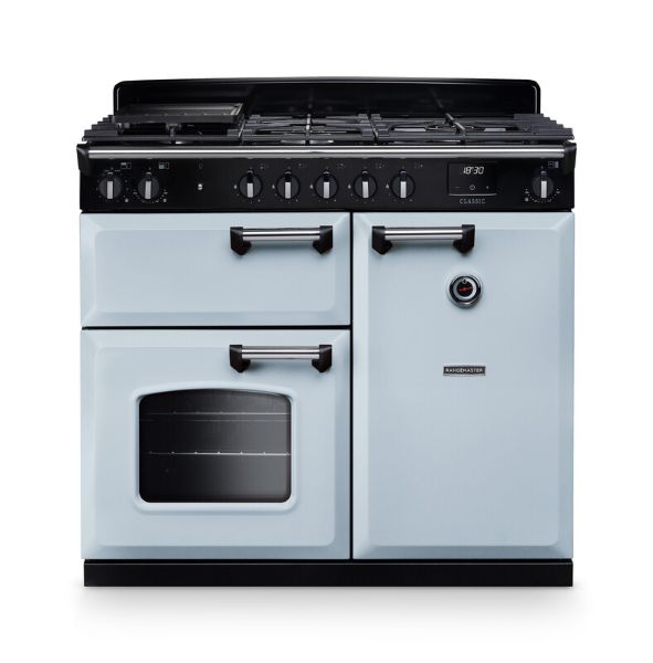 Rangemaster 14193 Classic 100 Dual Fuel Range Cooker in  Misty Blue with Chrome Trim - CL100DFPMSB/CM1