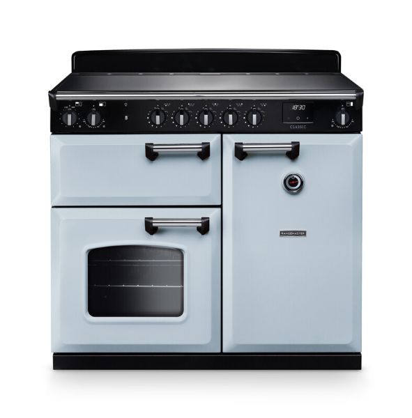 Rangemaster 14208 Classic 100 Induction Range Cooker in Misty Blue with Chrome Trim - CL100EIPMSB/CM1