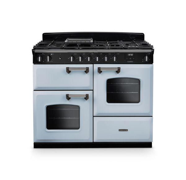 Rangemaster 14218 Classic OC 110 Dual Fuel Range Cooker in  Misty Blue with Chrome Trim   - CLO110DFPMSB/CM1
