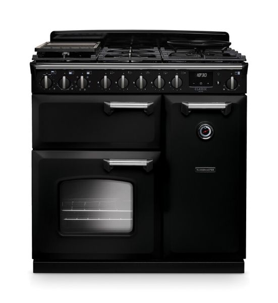 Rangemaster 14536 Classic Deluxe 90 Dual Fuel Range Cooker in Gloss Black with Chrome Trim - CLDL90DFPGBL/CM1