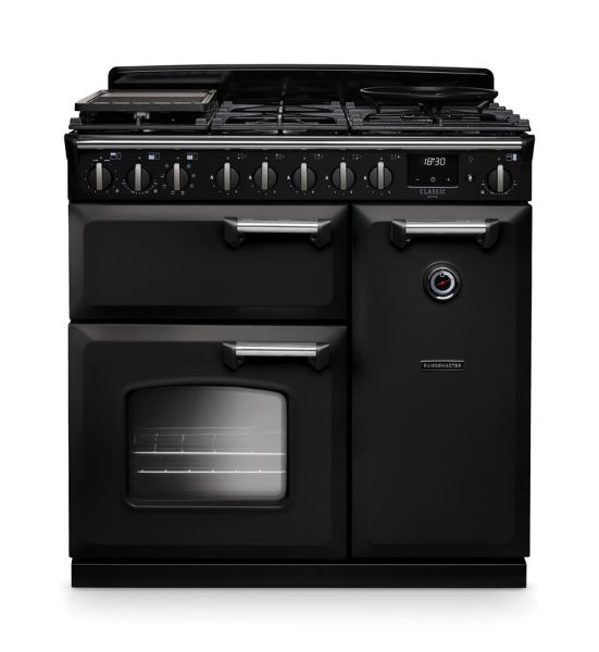 Rangemaster 14537 Classic Deluxe 90 Dual Fuel Range Cooker in Charcoal Black with Chrome Trim - CLDL90DFPCBL/CM1