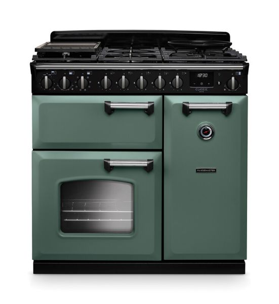 Rangemaster 14539 Classic Deluxe  90 Dual Fuel Range Cooker in Mineral Green with Chrome Trim - CLDL90DFPMGR/CM1