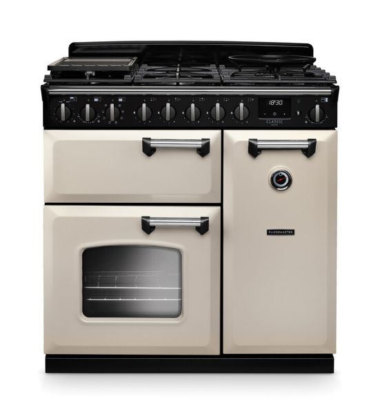 Rangemaster 14541 Classic Deluxe 90 Dual Fuel Range Cooker in Pale Cream with Chrome Trim - CLDL90DFPPCR/CM1