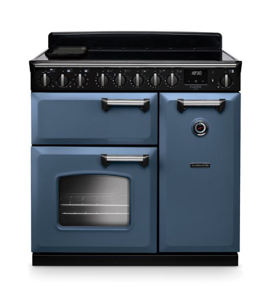 Rangemaster 14591 Classic Deluxe  90 Induction Range Cooker in Stone Blue with Chrome Trim - CLDL90EIPSTB/CM1