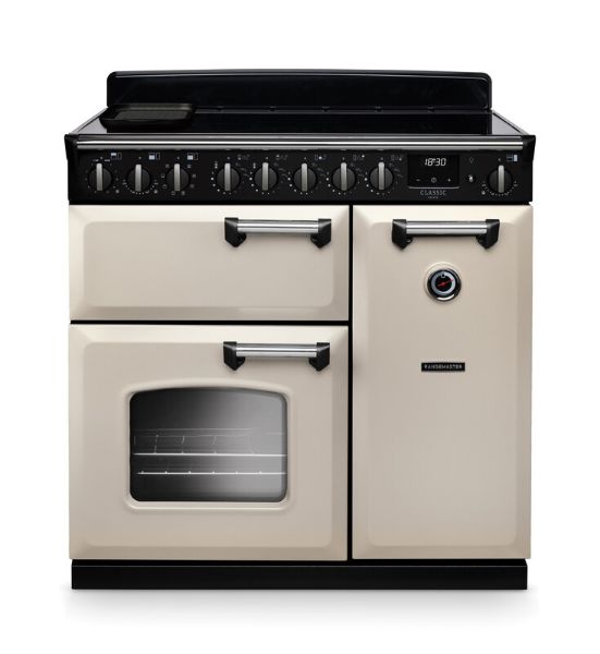 Rangemaster 14592 Classic Deluxe  90 Induction Range Cooker in Pale Cream with Chrome Trim - CLDL90EIPPCR/CM1