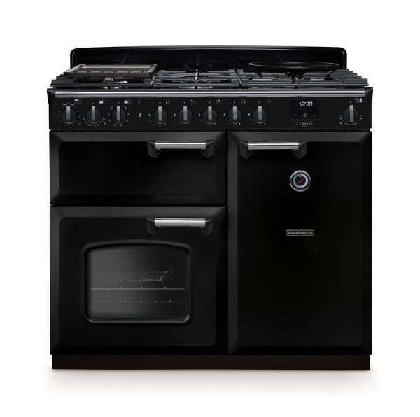 Rangemaster 14638 Classic Deluxe 100 Dual Fuel Range Cooker in Gloss Black with Chrome Trim - CLDL100DFPGBL/CM1