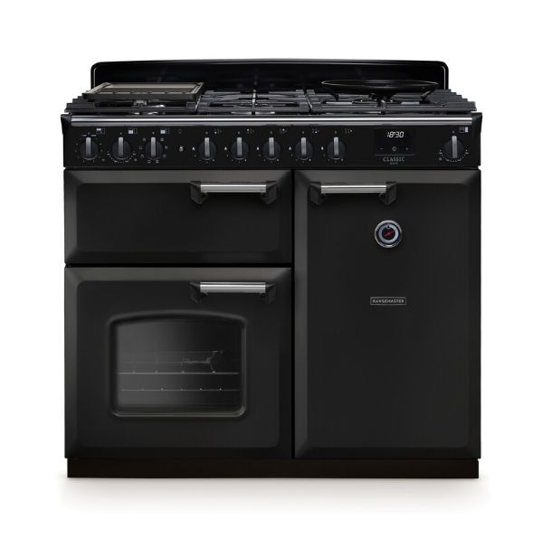 Rangemaster 14639 Classic Deluxe  100 Dual Fuel Range Cooker in  Charcoal Black with Chrome Trim - CLDL100DFPCBL/CM1