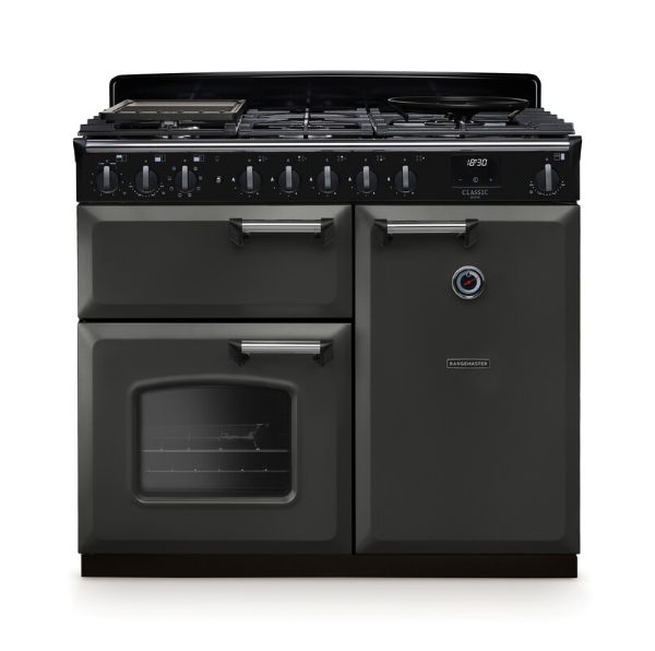 Rangemaster 14640 Classic Deluxe  100 Dual Fuel Range Cooker in  Slate with Chrome Trim - CLDL100DFPSLT/CM1