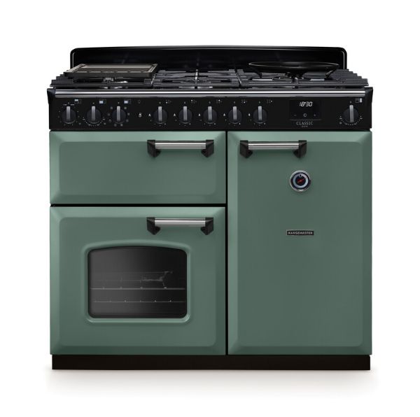 Rangemaster 14641 Classic Deluxe 100 Dual Fuel Range Cooker in Mineral Green with Chrome Trim - CLDL100DFPMGR/CM1