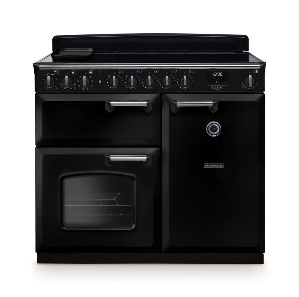 Rangemaster 14672 Classic Deluxe 100 Induction Range Cooker in Gloss Black with Chrome Trim - CLDL100EIPGBL/CM1