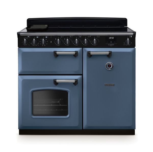 Rangemaster 14676 Classic Deluxe 100 Induction Range Cooker in Stone Blue with Chrome Trim - CLDL100EIPSTB/CM1