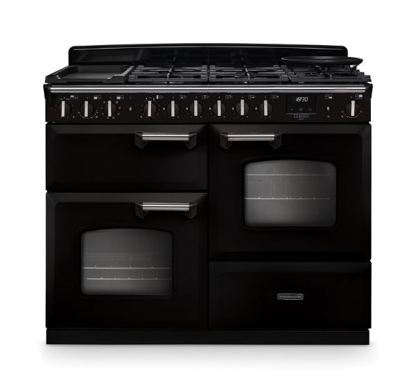 Rangemaster 14706 Classic Deluxe OC 110 Dual Fuel Range Cooker with Proving Drawer in Gloss Black with Chrome Trim - CLDLO110DFPGBL/CM1