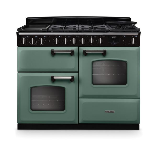 Rangemaster 14709 Classic Deluxe OC 110 Dual Fuel Range Cooker in Mineral Green with Chrome Trim - CLDLO110DFPMGR/CM1