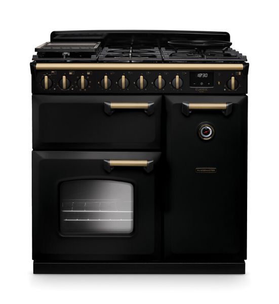 Rangemaster 18255 Classic Deluxe 90 Dual Fuel Range Cooker in Gloss Black with Antique Brass Trim - CLDL90DFPGBL/AB1