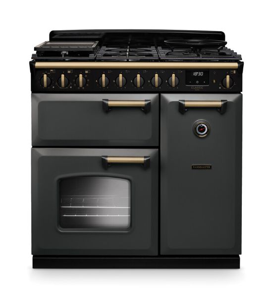 Rangemaster 18257 Classic Deluxe 90 Dual Fuel Range Cooker in Slate with Antique Brass Trim - CLDL90DFPSLT/AB1