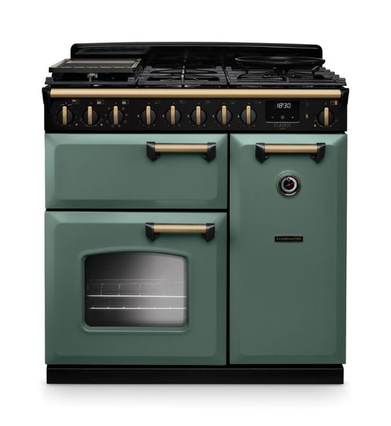 Rangemaster 18258 Classic Deluxe 90 Dual Fuel Range Cooker in Mineral Green with Antique Brass Trim - CLDL90DFPMGR/AB1