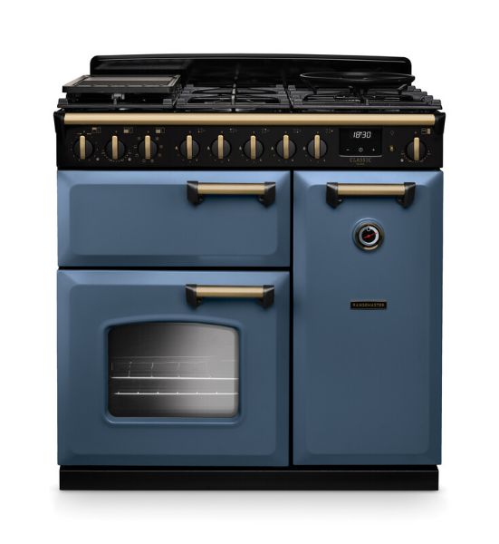 Rangemaster 18259 Classic Deluxe 90 Dual Fuel Range Cooker in Stone Blue with Antique Brass Trim - CLDL90DFPSTB/AB1