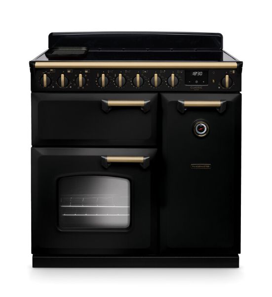 Rangemaster 18275 Classic Deluxe 90 Induction Range Cooker in Gloss Black with Antique Brass Trim - CLDL90EIPGBL/AB1