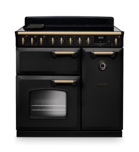 Rangemaster 18276 Classic Deluxe  90 Induction Range Cooker in Charcoal Black with Antique Brass Trim - CLDL90EIPCBL/AB1