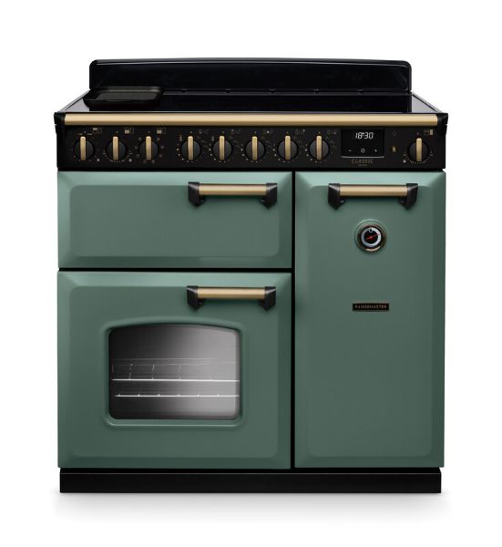 Rangemaster 18278 Classic Deluxe 90 Induction Range Cooker in Mineral Green with Antique Brass Trim - CLDL90EIPMGR/AB1