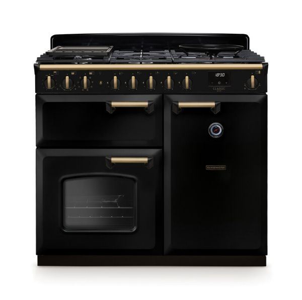 Rangemaster 18295 Classic Deluxe 100 Dual Fuel Range Cooker in Gloss Black with Antique Brass Trim - CLDL100DFPGBL/AB1