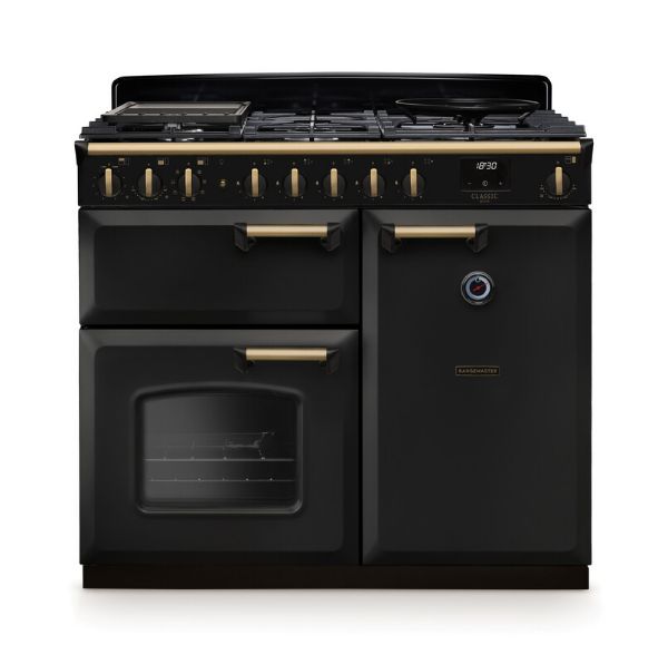Rangemaster 18296 Classic Deluxe  100 Dual Fuel Range Cooker in Charcoal Black with Antique Brass Trim - CLDL100DFPCBL/AB1