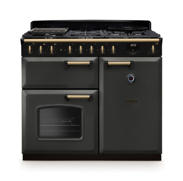 Rangemaster 18297 Classic Deluxe 100 Dual Fuel Range Cooker in Slate with Antique Brass Trim - CLDL100DFPSLT/AB1