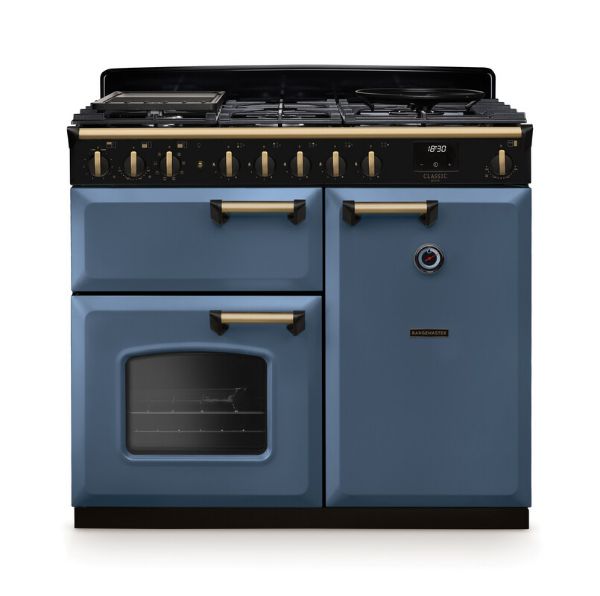 Rangemaster 18299 Classic Deluxe 100 Dual Fuel Range Cooker in Stone Blue with Antique Brass Trim - CLDL100DFPSTB/AB1