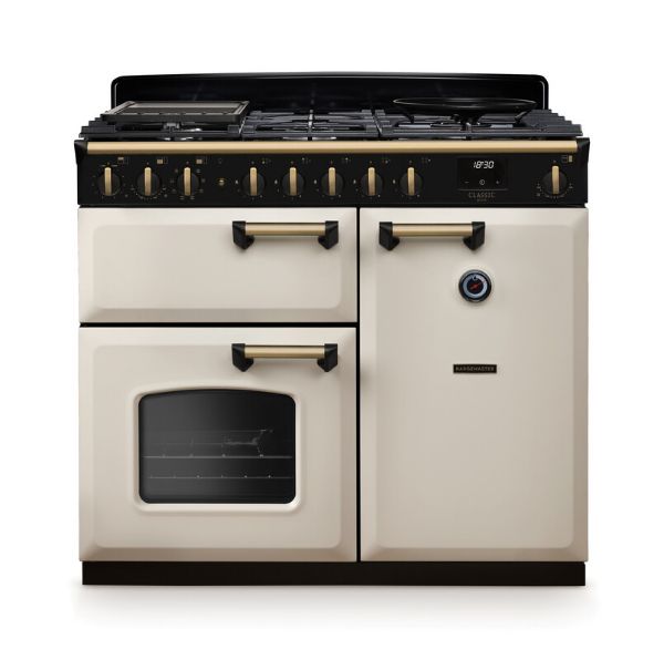 Rangemaster 18300 Classic Deluxe 100 Dual Fuel Range Cooker in Pale Cream with Antique Brass Trim - CLDL100DFPPCR/AB1