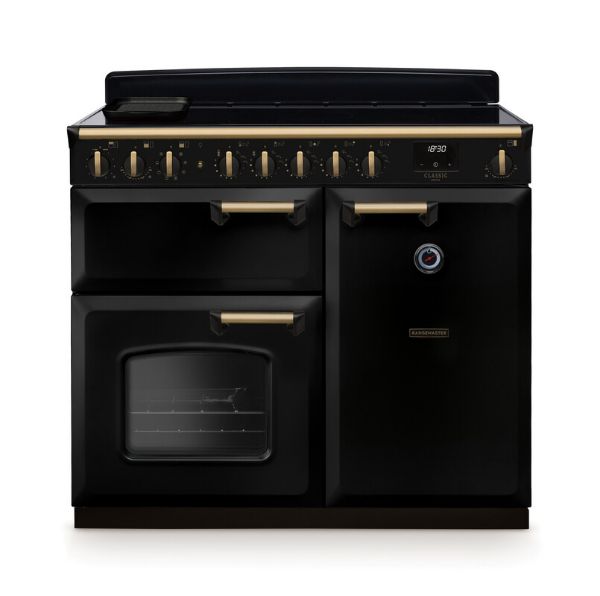 Rangemaster 18309 Classic Deluxe 100 Induction Range Cooker in Gloss Black with Antique Brass Trim  - CLDL100EIPGBL/AB1