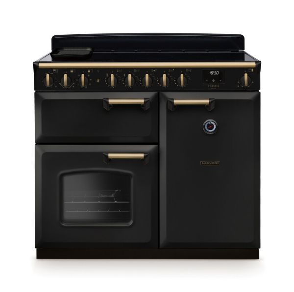 Rangemaster 18310 Classic Deluxe 100 Induction Range Cooker in Charcoal Black with Antique Brass Trim - CLDL100EIPCBL/AB1