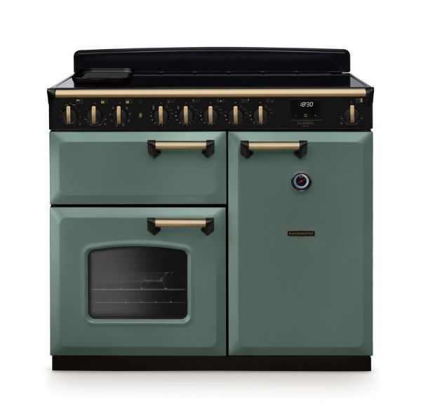 Rangemaster 18312 Classic Deluxe 100 Induction Range Cooker in Mineral Green with Antique Brass Trim - CLDL100EIPMGR/AB1