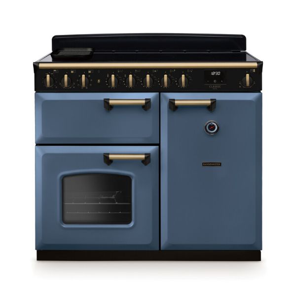 Rangemaster 18313 Classic Deluxe 100 Induction Range Cooker in Stone Blue with Antique Brass Trim - CLDL100EIPSTB/AB1
