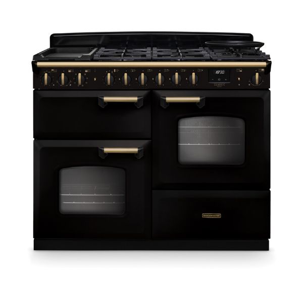Rangemaster 18323 Classic Deluxe OC 110 Dual Fuel Range Cooker in Gloss Black with Antique Brass Trim - CLDLO110DFPGBL/AB1