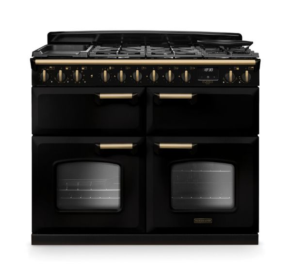 Rangemaster 18363 Classic Deluxe BC 110 Dual Fuel Range Cooker with Slow Cook Oven in Gloss Black with Antique Brass Trim - CLDLB110DFPGBL/AB1