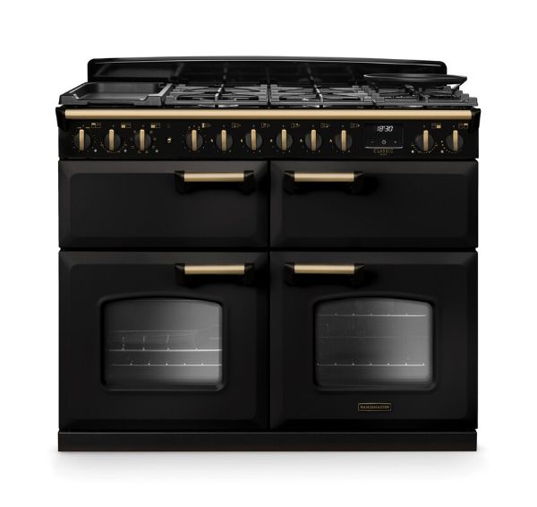 Rangemaster 18364 Classic Deluxe BC 110 Dual Fuel Range Cooker with Slow Cook Oven in Charcoal Black with Antique Brass Trim - CLDLB110DFPCBL/AB1
