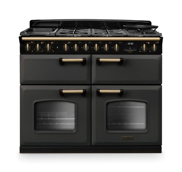 Picture of Rangemaster 18365 Classic Deluxe BC 110 Dual Fuel Range Cooker with Slow Cook Oven in Slate with Antique Brass Trim - CLDLB110DFPSLT/AB1