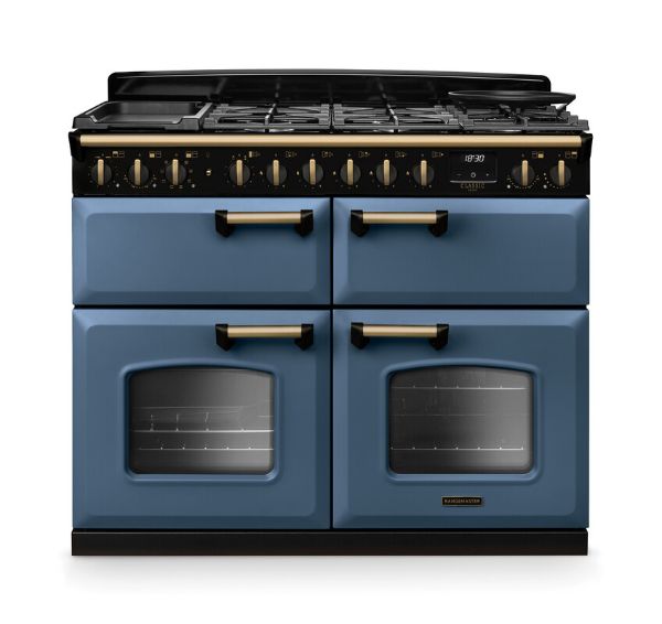 Picture of Rangemaster 18367 Classic Deluxe BC 110 Dual Fuel Range Cooker with Slow Cook Oven in Stone Blue with Antique Brass Trim - CLDLB110DFPSTB/AB1