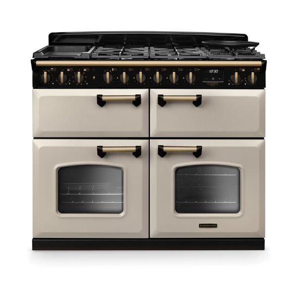Rangemaster 18368 Classic Deluxe BC 110 Dual Fuel Range Cooker with Slow Cook Oven in Pale Cream with Antique Brass Trim - CLDLB110DFPPCR/AB1