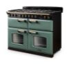 Rangemaster 18366 Classic Deluxe BC 110 Dual Fuel Range Cooker with Slow Cook Oven in Mineral Green with Antique Brass Trim - CLDLB110DFPMGR/AB1_angled