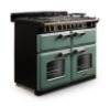 Rangemaster 18366 Classic Deluxe BC 110 Dual Fuel Range Cooker with Slow Cook Oven in Mineral Green with Antique Brass Trim - CLDLB110DFPMGR/AB1_angled2