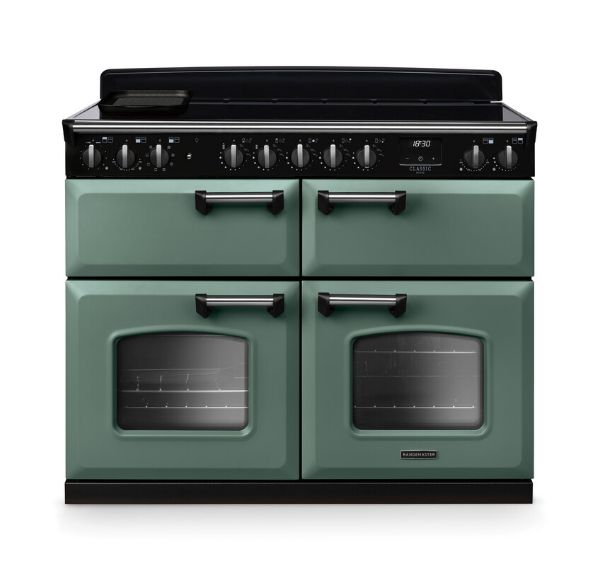 Rangemaster 14928 Classic Deluxe BC 110 Induction Range Cooker with Slow Cook Oven in Mineral Green with Chrome Trim - CLDLB110EIPMGR/CM1