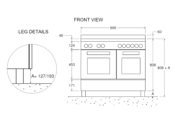 Bertazzoni Master 100cm Dual Fuel Twin Oven Range Cooker in Matt Nero_Dimensions