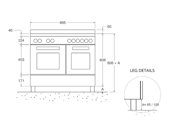 Bertazzoni Master 100cm Induction Twin Oven Range Cooker in Matt Nero_Dimensions
