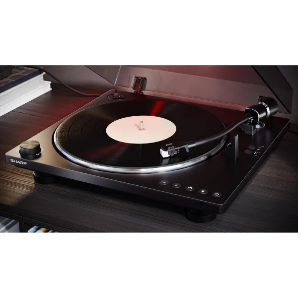 Sharp RPTT100CPSS30 Pair of Wireless Bookshelf Speakers with Automatic Bluetooth Turntable - Black_in use